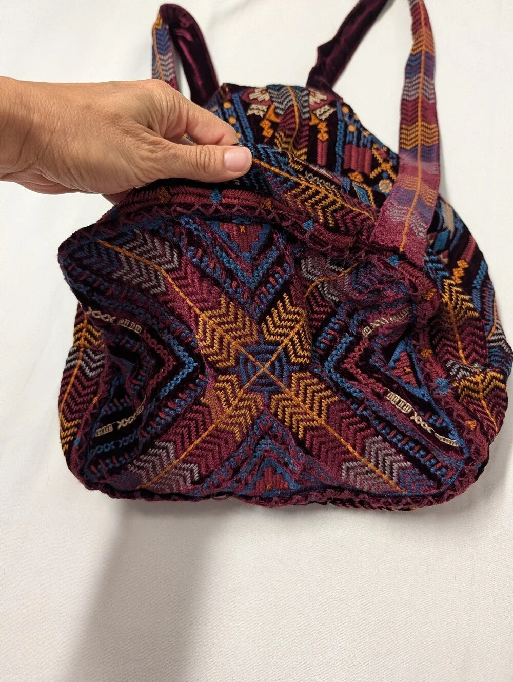Johnny Was Burgundy Multi Boho Geometric Embroidered Drawstring Backpack Bag